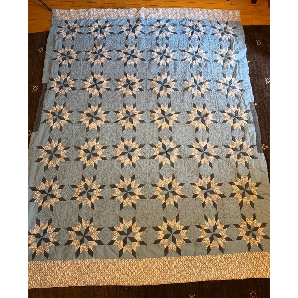Vintage Handmade Star Patchwork Quilt Blue Floral Farmhouse Cottagecore Lemoyne